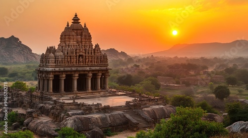 Ancient Temple at Sunset in Hampi, India