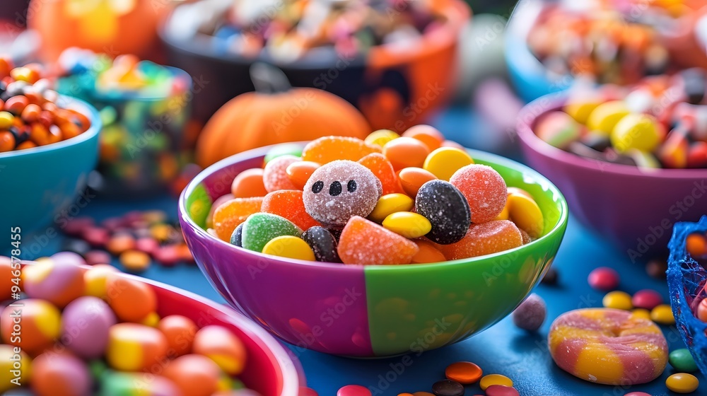 A close-up view of Halloween candies in vibrant bowls surrounded by spooky decorations for an irresistible festive display A close-up view of Halloween candies in vibrant bowls surrounded by spooky decorations for an irresistible festive display