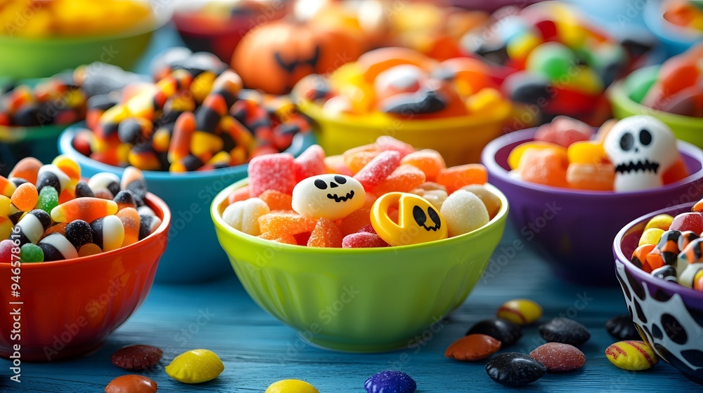 A close-up of assorted Halloween candies displayed in bright bowls with spooky decorations for a festive and playful look A close-up of assorted Halloween candies displayed in bright bowls with spooky decorations for a festive and playful look