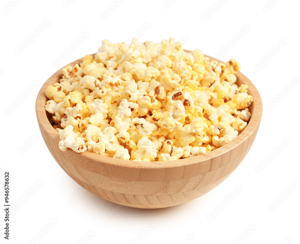 Bowl with crispy popcorn on white background Bowl with crispy popcorn on white background