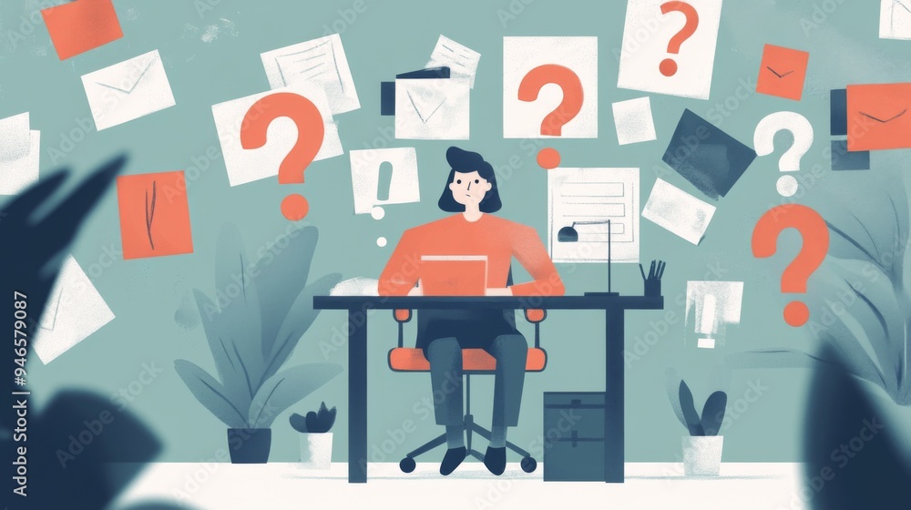 A person sitting in a modern office, surrounded by floating question marks and exclamation points, symbolizing problem-solving and the flow of ideas A person sitting in a modern office, surrounded by floating question marks and exclamation points, symbolizing problem-solving and the flow of ideas