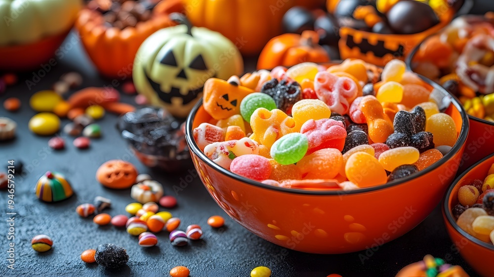 A close-up view of assorted Halloween candies in vibrant bowls surrounded by spooky decorations for a festive display A close-up view of assorted Halloween candies in vibrant bowls surrounded by spooky decorations for a festive display