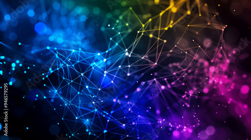 Abstract Network Connections in Multicolor Spectrum. A vibrant, abstract depiction of interconnected nodes and lines in a multicolor spectrum, data networks, digital connections, and communication.