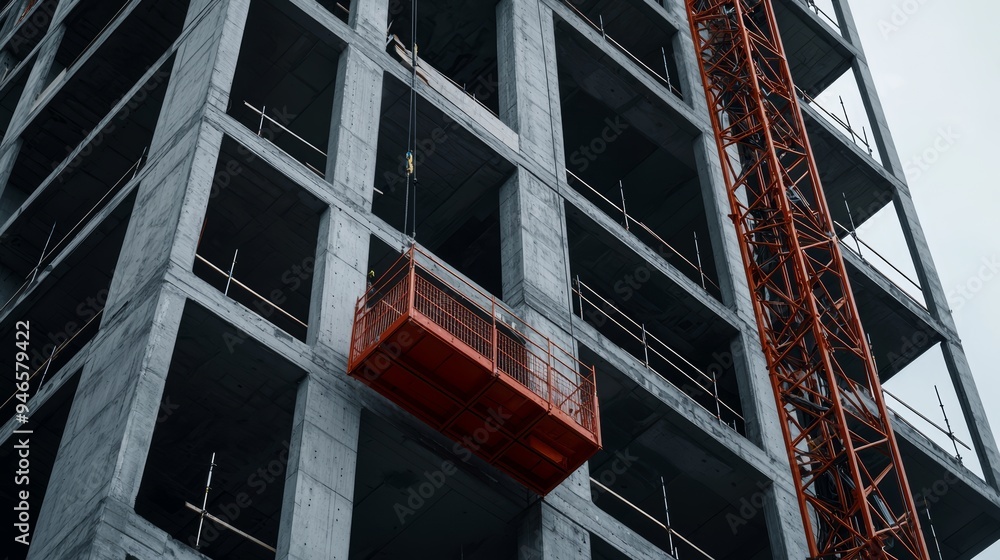 Fototapeta premium A high-rise construction project, with cranes lifting steel beams and workers assembling the building s framework