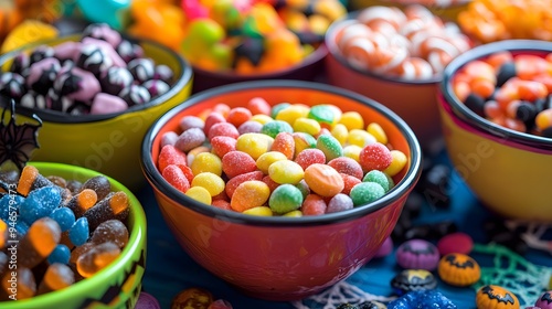 A close-up view of Halloween candies displayed in vibrant bowls surrounded by spooky decorations for an irresistible festive scene