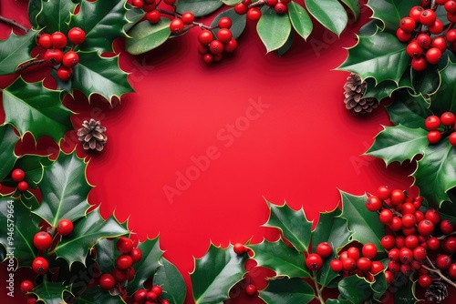 Classic red and green Christmas background with holly leaves and berries