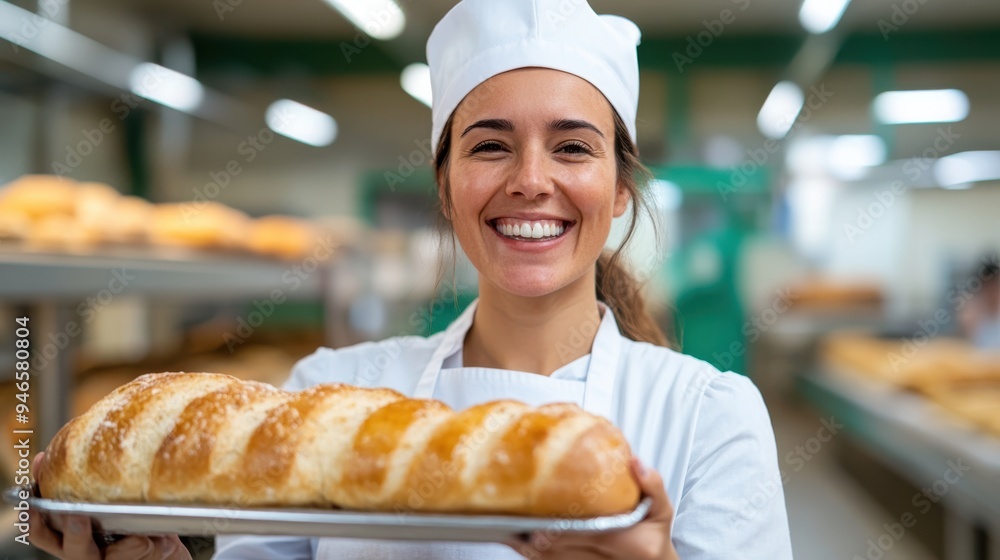 A cheerful female baker is holding a fresh loaf of bread in a bakery. She is smiling, emphasizing the warmth and welcoming atmosphere of the bakery environment. A cheerful female baker is holding a fresh loaf of bread in a bakery. She is smiling, emphasizing the warmth and welcoming atmosphere of the bakery environment.