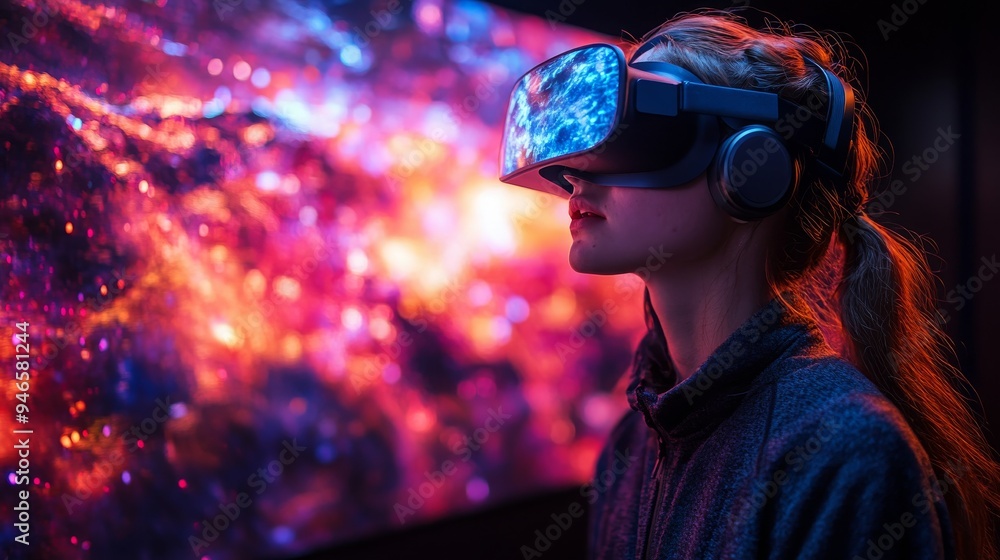 A user wears virtual reality gear, fully engaged in exploring dynamic holographic soundscapes, surrounded by swirling colors. A user wears virtual reality gear, fully engaged in exploring dynamic holographic soundscapes, surrounded by swirling colors.