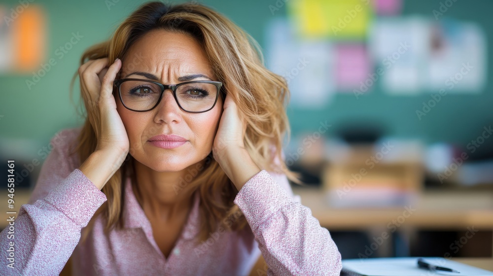 A woman, appearing thoughtful with her head in her hands, sits at a desk. She's wearing glasses and a light pink shirt, possibly contemplating or processing information. A woman, appearing thoughtful with her head in her hands, sits at a desk. She's wearing glasses and a light pink shirt, possibly contemplating or processing information.
