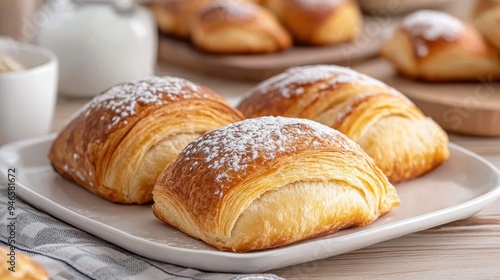 Wallpaper Mural A detailed view highlighting three freshly baked French pastries dusted with powdered sugar on a white plate, illustrating a scrumptious snack or breakfast delight, rich in texture. Torontodigital.ca