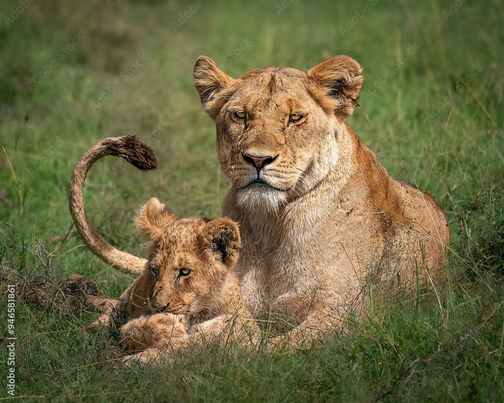 A mother lion cuddling with her playful cub under the warm sun A mother lion cuddling with her playful cub under the warm sun