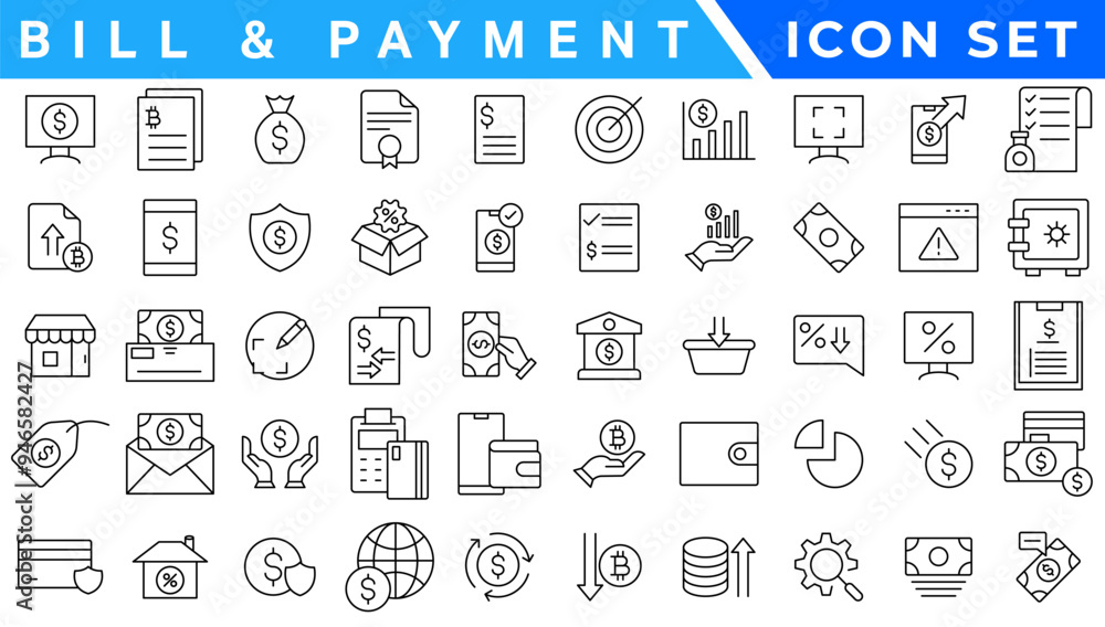 Bill And Payment line web icons. Money and Coins. Cash, Credit Cards, Money Bag, Containing banking, Investment, income, accounting, money, Finance. Editable stroke. Bill And Payment line web icons. Money and Coins. Cash, Credit Cards, Money Bag, Containing banking, Investment, income, accounting, money, Finance. Editable stroke.