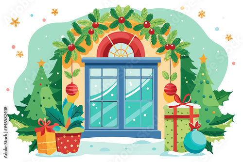 Christmas window watercolor clipart illustration with isolated background.
