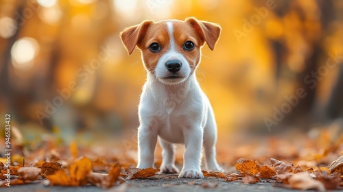 Charming Jack Russell Terrier Puppy Posing in a Tranquil Autumn Alley Adorned with Brilliant Fall Colors