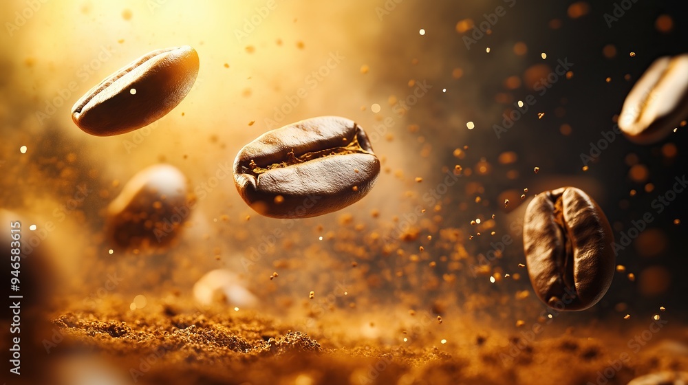 Close-up of roasted coffee beans, rich aroma and flavor, highlighting the essence of coffee in motion and energy Close-up of roasted coffee beans, rich aroma and flavor, highlighting the essence of coffee in motion and energy