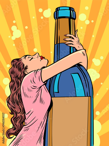 A woman hugs a bottle of alcohol. Exclusive offers in a bar, pub or restaurant. Banner for your wine related promotion.