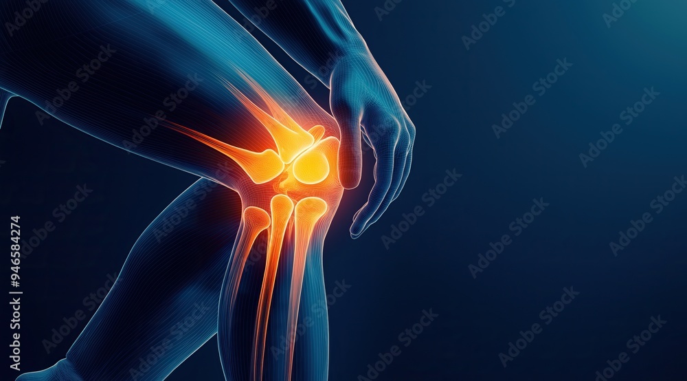 Digital illustration of a knee joint in pain, anatomy and medical science, healthcare and pain relief Digital illustration of a knee joint in pain, anatomy and medical science, healthcare and pain relief