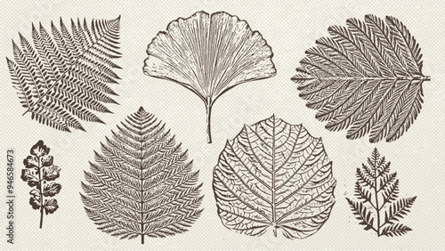 Collection of graphic prehistoric plants imprints isolated on vintage paper texture. Engraving prehistoric leaves. Vector illustrations set.