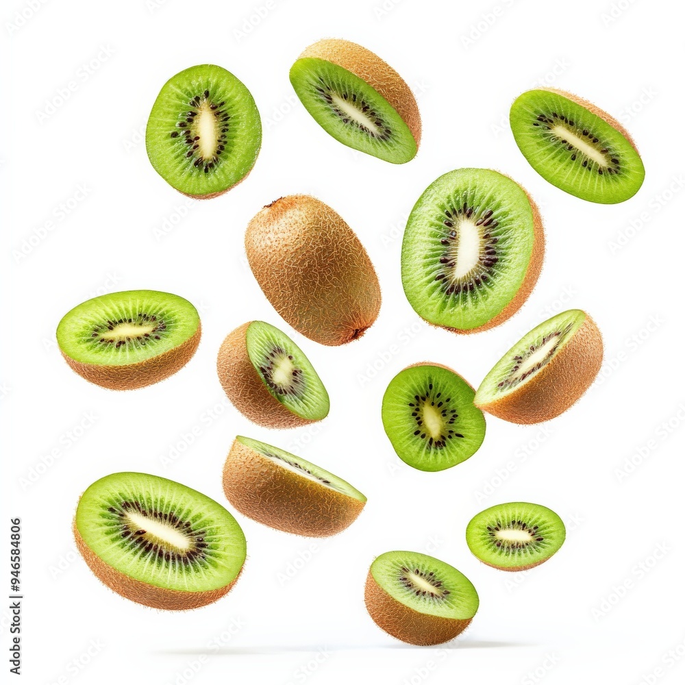 Fototapeta premium Fresh Kiwi Fruit Slices Falling on White Background.