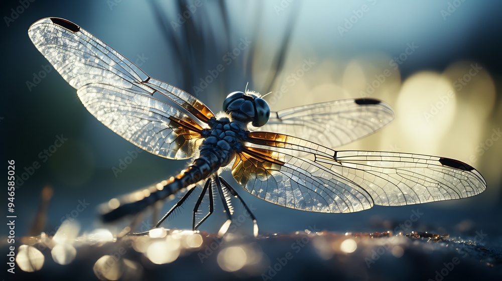 A close-up shot of a dragonfly's wings catching the sunlight, illuminating the fine details and creating a captivating visual spectacle in A close-up shot of a dragonfly's wings catching the sunlight, illuminating the fine details and creating a captivating visual spectacle in