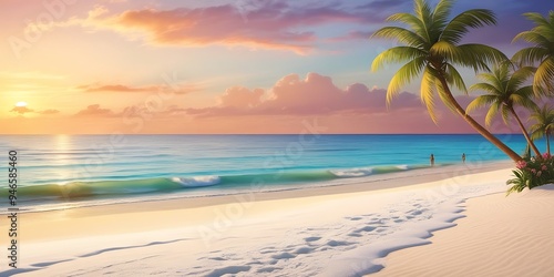 Illustration of the sea beach with a sunset background