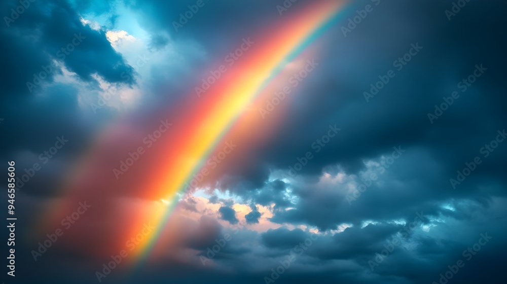 A dramatic and captivating conceptual image of a vibrant rainbow arc stretching across a stormy cloudy sky with the vivid colors contrasting beautifully against the dark moody atmosphere A dramatic and captivating conceptual image of a vibrant rainbow arc stretching across a stormy cloudy sky with the vivid colors contrasting beautifully against the dark moody atmosphere