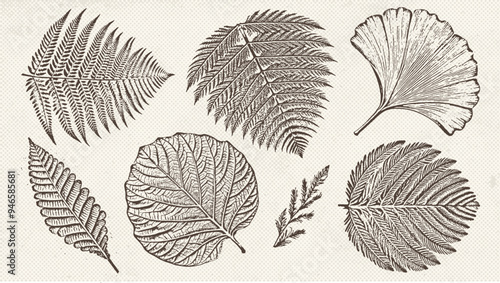 Graphic prehistoric plants drawn on vintage pater in engraving technique. Fossils prehistoric botanicals. Vector illustrations set.