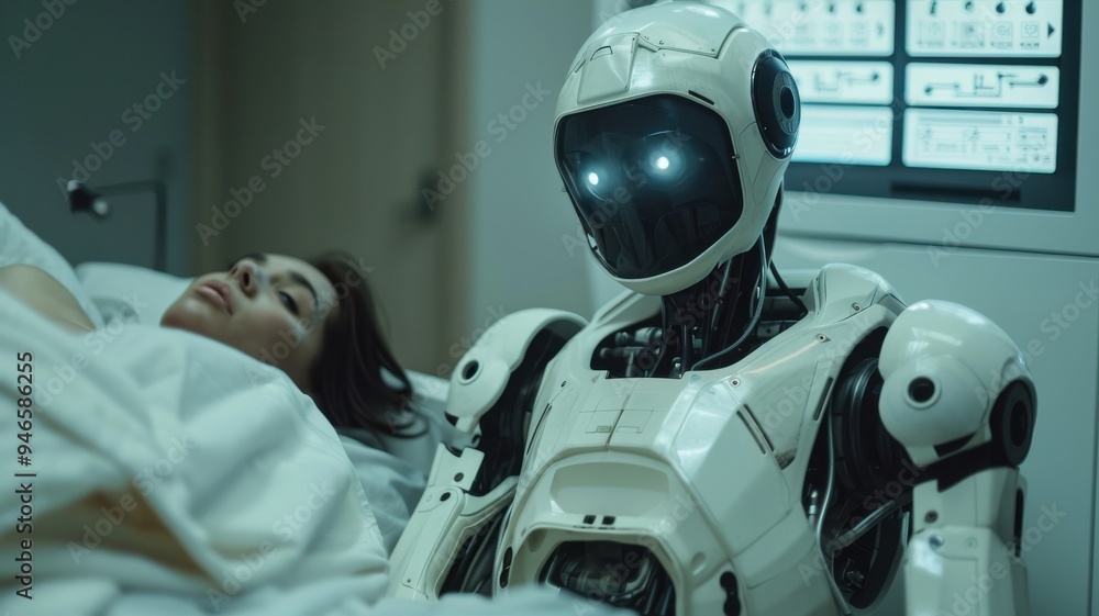 Robots providing care for sleeping patients in hospital. Robots providing care for sleeping patients in hospital.