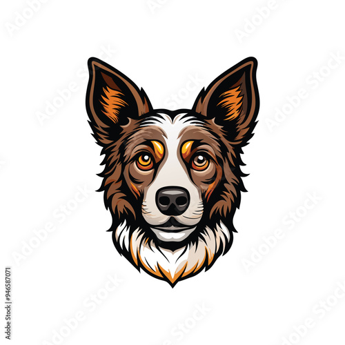 Vector illustration of a dog's head, featuring brown and white fur, black eyes, and a light brown nose. The dog looks directly at the viewer, with a friendly and loyal expression.