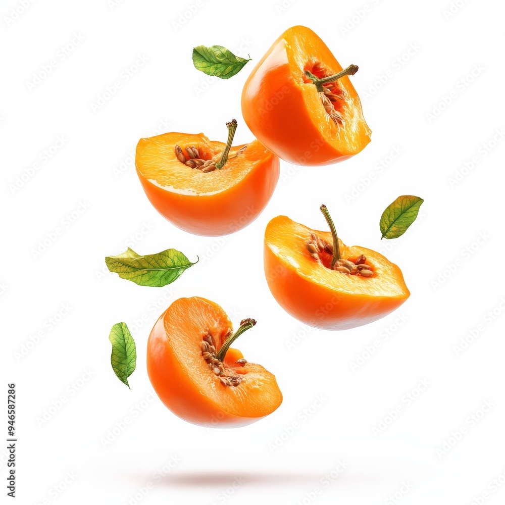 Floating Persimmon Halves with Green Leaves. Floating Persimmon Halves with Green Leaves.