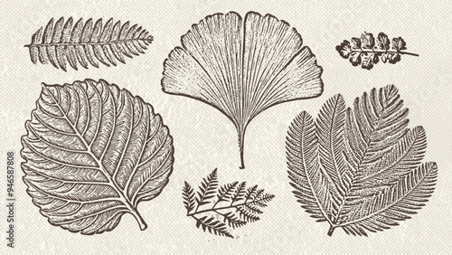 Set of silhouettes of prehistoric flora - ferns, ginkgo, araucaria. Fossils prehistoric botanicals isolated on vintage paper background. Vector flat illustration.