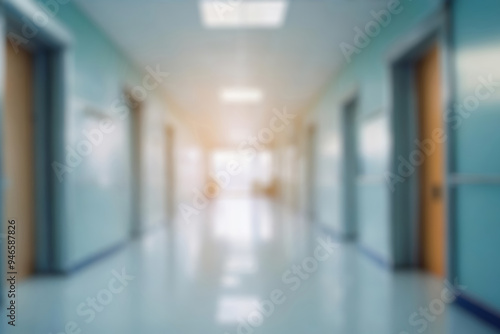 blurred of background. interior of a modern hospital with an empty long corridor. waiting room for patients and families between the corridor with bright white lights. treatment rooms and patient room