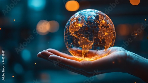 Illustration of a hand holding a holographic globe with emerging ideas, new idea, global innovation and vision photo