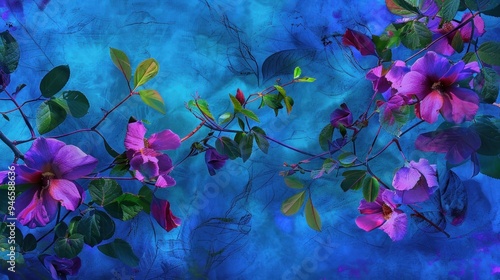 Artistic Representation of Vibrant Flowers and Leaves on a Turquoise Background