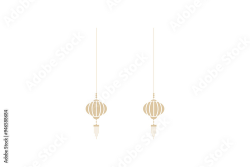 Two beige hanging Asian lanterns with simple, elegant designs on a white background