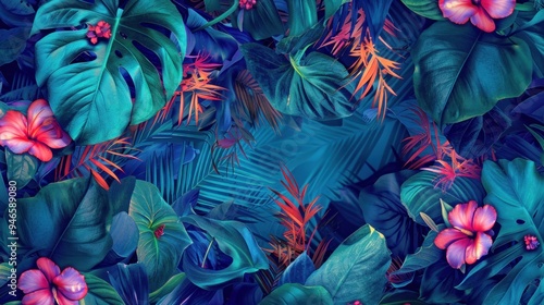 Artistic Representation of Vibrant Flowers and Leaves on a Turquoise Background