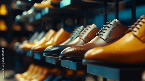 Row of elegant leather dress shoes displayed neatly in a highend shoe store, showcasing premium craftsmanship and style, with ample copy space for text