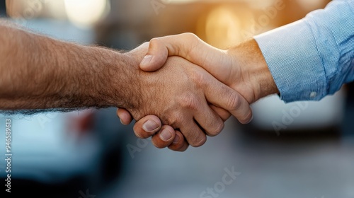 The image captures a close-up handshake between two individuals, symbolizing a successful agreement or partnership against an outdoor backdrop with warm lighting.