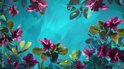 Artistic Representation of Vibrant Flowers and Leaves on a Turquoise Background