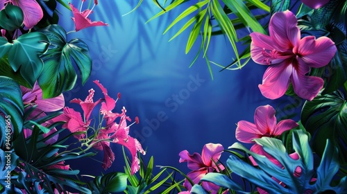 Artistic Representation of Vibrant Flowers and Leaves on a Turquoise Background