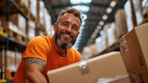 A male warehouse employee wearing an orange shirt poses with a box, smiling and standing in a busy warehouse with shelves and stacks of boxes in the background.