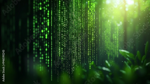 Waterfall of binary code flowing through a quiet forest, symbolizing harmony between nature and technology, soft green tones, with clear copy space for text