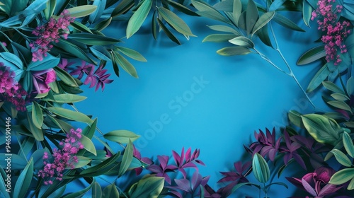 Artistic Representation of Vibrant Flowers and Leaves on a Turquoise Background