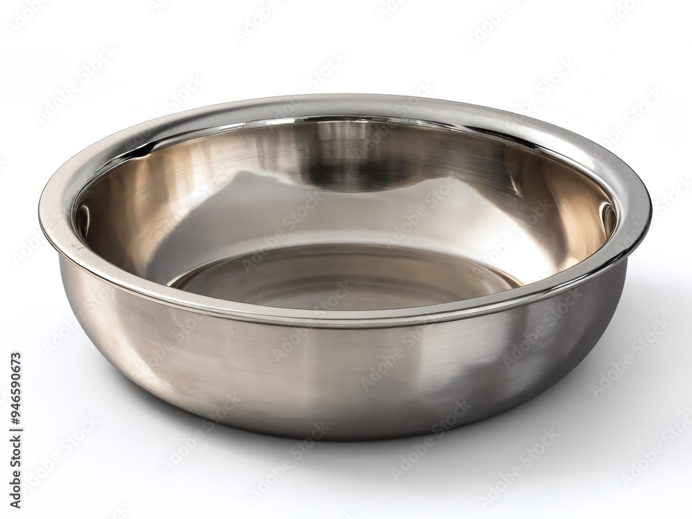 A stainless steel mixing bowl reflecting light on a white background, showcasing its smooth, shiny surface and practical design for cooking A stainless steel mixing bowl reflecting light on a white background, showcasing its smooth, shiny surface and practical design for cooking