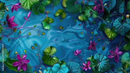 Artistic Representation of Vibrant Flowers and Leaves on a Turquoise Background