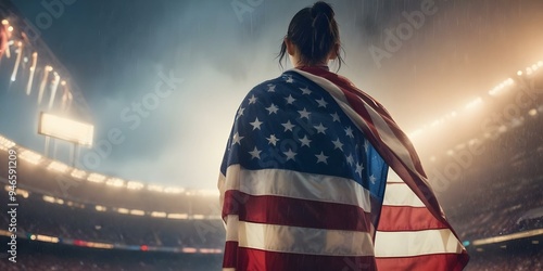 A young girl with dark hair wearing an American flag draped over his shoulders, standing in a stadium setting with heavy rain in the background  photo