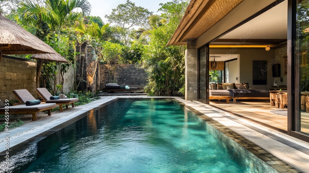 Obraz premium Bali, Indonesia offers an opulent tropical jungle villa resort with a magnificent swimming pool for a lavish holiday weekend getaway.