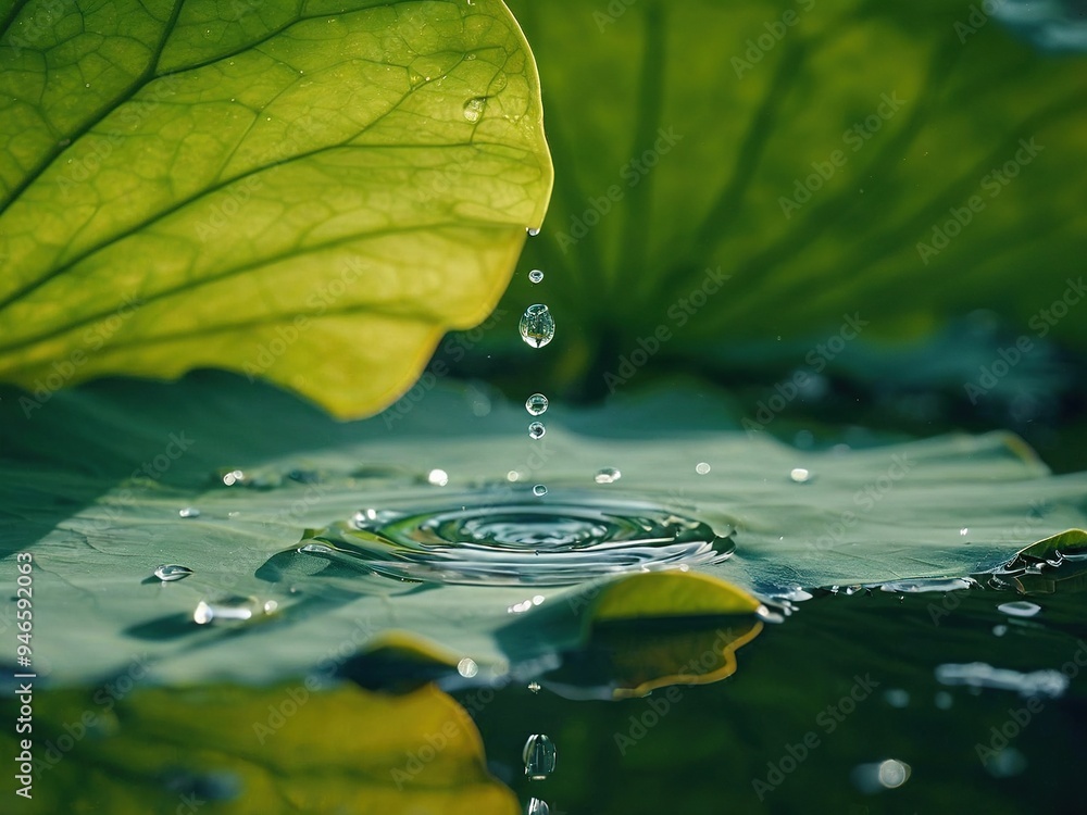 Water droplets fall from a lotus leaf onto the surface of a pond, creating a ripple effect. Water droplets fall from a lotus leaf onto the surface of a pond, creating a ripple effect.