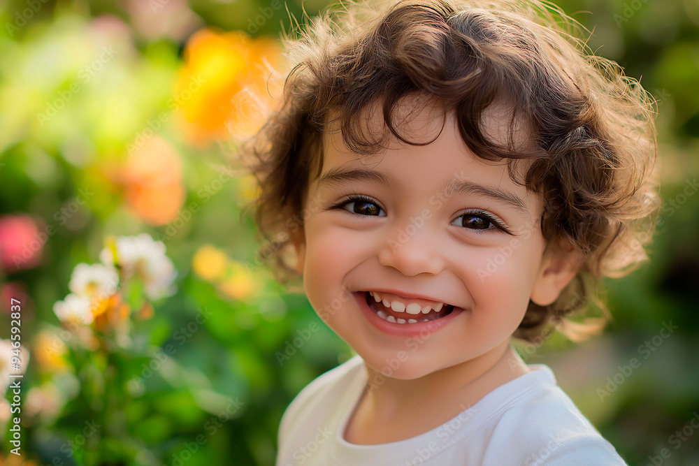 Smiling toddler with curly hair in a garden, with vibrant flowers and greenery in the background Smiling toddler with curly hair in a garden, with vibrant flowers and greenery in the background