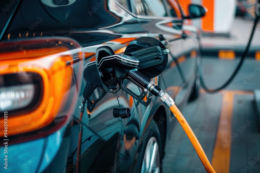 Close up of the fuel supply plugged into a car being refueled in fuel pump. Close up of the fuel supply plugged into a car being refueled in fuel pump.